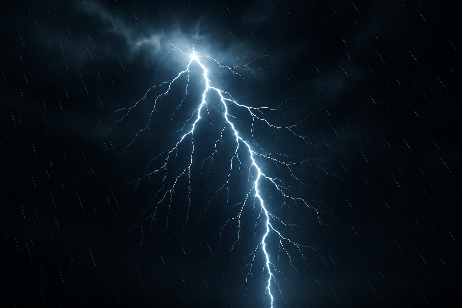 Lighting striking in the night raining sky